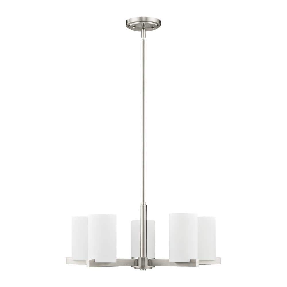 Astoria Minimalist 5-Light Chandelier in Brushed Nickel with Satin Opal Shades