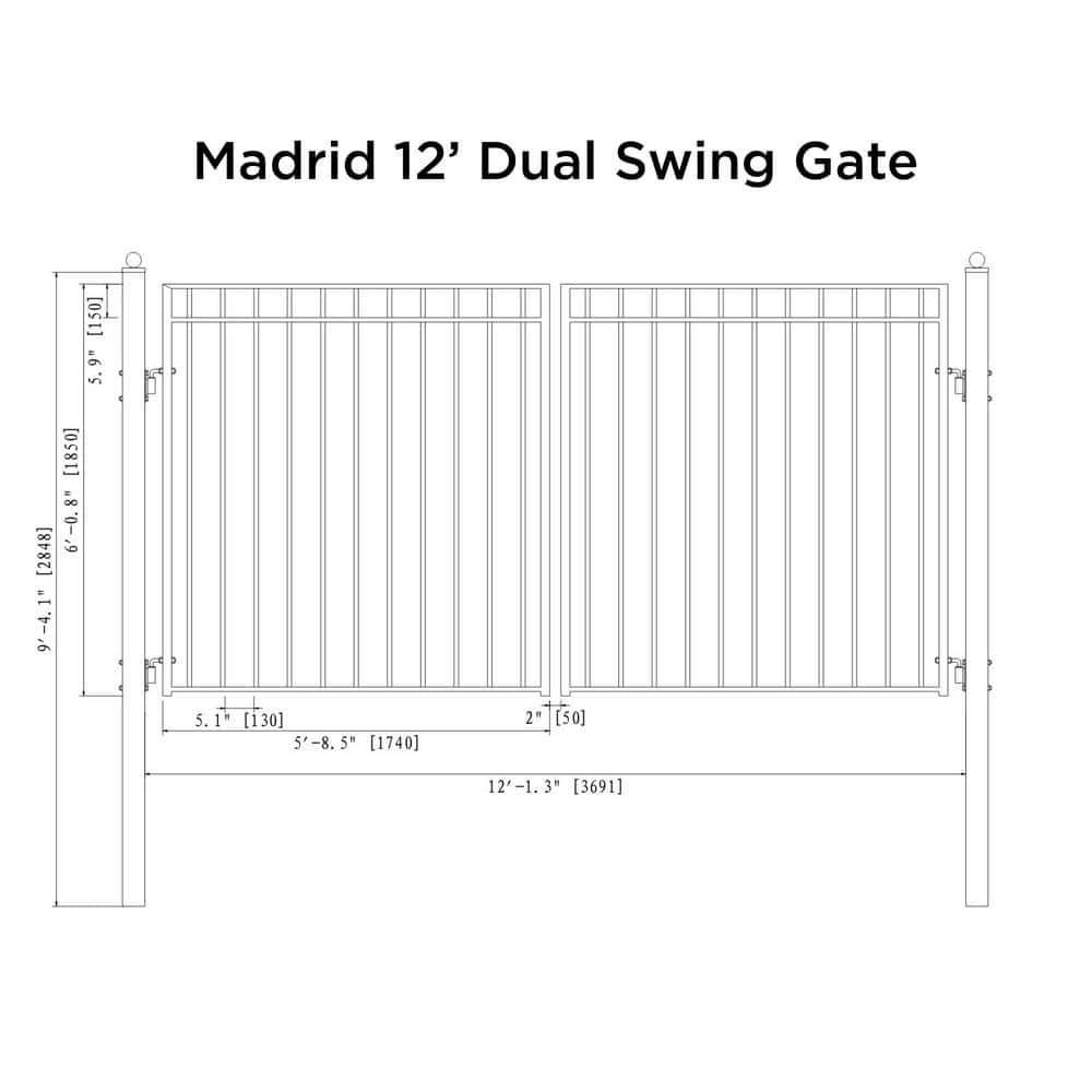 Madrid Style Black Steel Dual Swing Driveway Gate 12 x 6 Feet