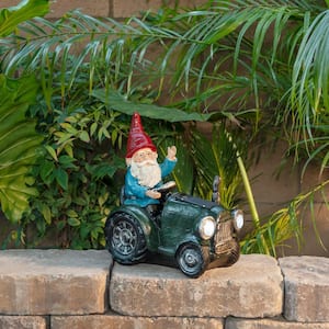10 in. Tall Outdoor Garden Gnome Riding Green Tractor Yard Statue Decoration with LED Lights, Multicolor