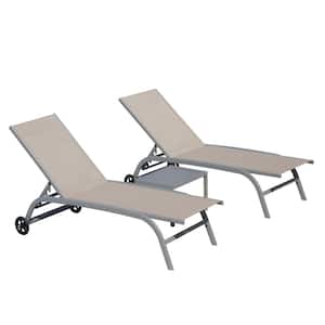 3-Piece Gray Metal Outdoor Chaise Lounge with Khaki Brown Seats, Wheels, 5 Adjustable Position