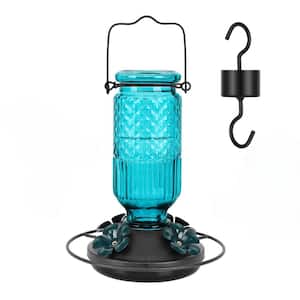 16 oz. Blue Glass Hanging Hummingbird Feeder with 4 Bee Guard Feeding Ports and Built-In Ant Moat