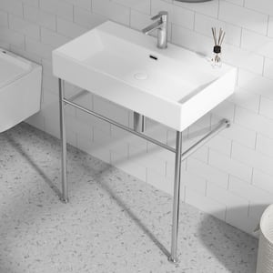 Turner 30 in. Vitreous China White Console Sink Basin and Brushed Nickel Stainless Steel Legs Combo with Overflow Hole