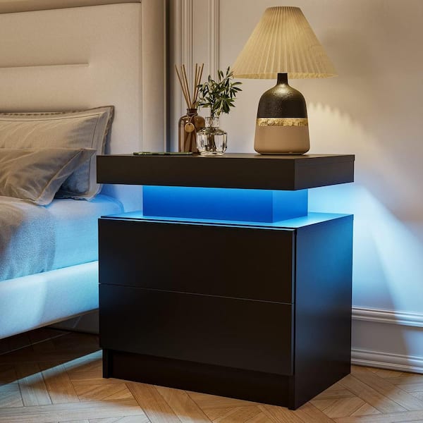 Boyel Living Black 2-Drawers LED Nightstand Bedside Table End Side 13.8 in. L x 19.3 in. W. x 20.5 in. H