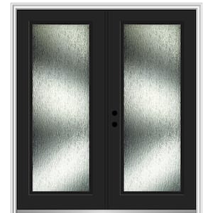 Rain Glass 72 in. x 80 in. Right-Hand Inswing Black Fiberglass Prehung Front Door on 6-9/16 in. Frame