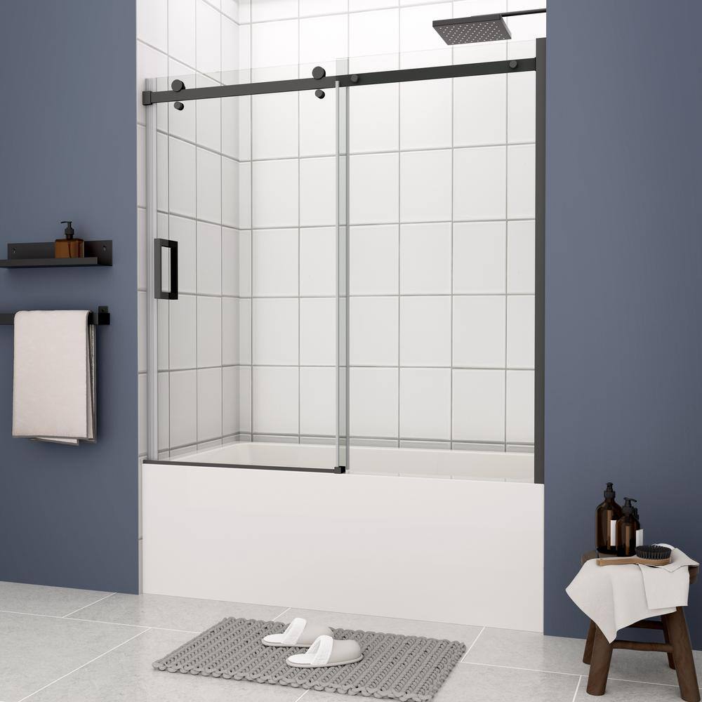 Matte Black Tempered Glass Sliding Shower Door 56-60" W x 58" H