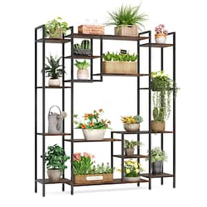 Wellston 67 in. Brown&Black Rectangle Wood Indoor Plant Stand, 15-Shelf Tall Flower Rack with Metal Frame for Balcony