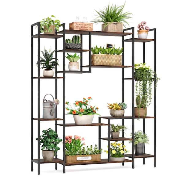 BYBLIGHT Wellston 67 in. Brown&Black Rectangle Wood Indoor Plant Stand, 15-Shelf Tall Flower Rack with Metal Frame for Balcony