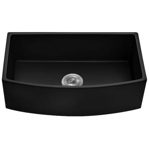 Black Fireclay 33 in. Single Bowl Apron-Front Kitchen Sink with Basket Strainer
