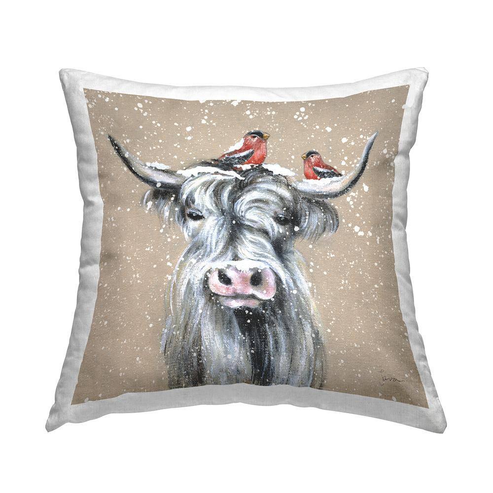 Winter Snowfall Birds and Cattle Beige Polyester Throw Pillow Set