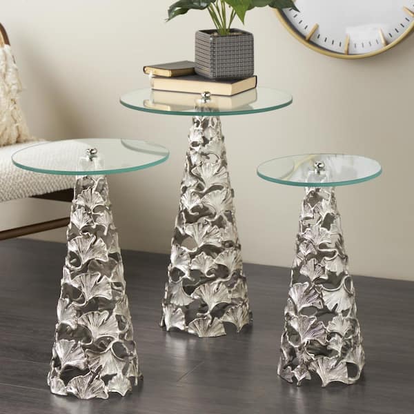Litton Lane 18 in. Silver Cutout Cone Shaped Floral Large Round Glass End Table with Tempered Glass Tabletop (3- Pieces)