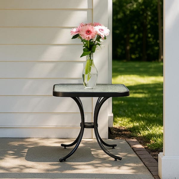 Karl home 18in Black Square Outdoor Side Table, Glass Top and