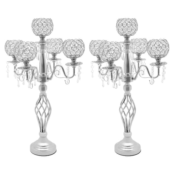 YIYIBYUS 27 in. H Silver Metal Iron Glass Crystal Decor Candle Holders 5-Arm Candelabra (Set of 2)