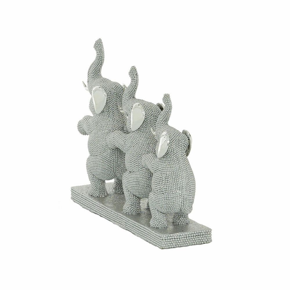 Silver Resin Elephant Trio Sculpture with Shimmering Finish