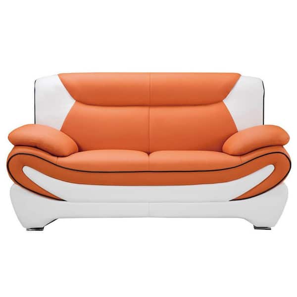 Benjara 66 in. Orange and White Solid Faux Leather 2-Seater Loveseat with Pillow Top Armrest