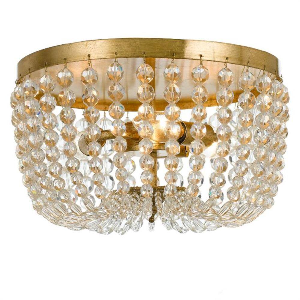 Antique Gold Crystal Flush Mount with Natural Wood Beads