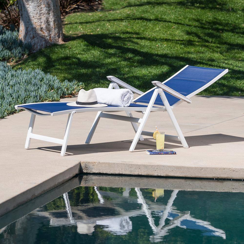 Regis White and Blue Aluminum Padded Sling Chaise Lounge