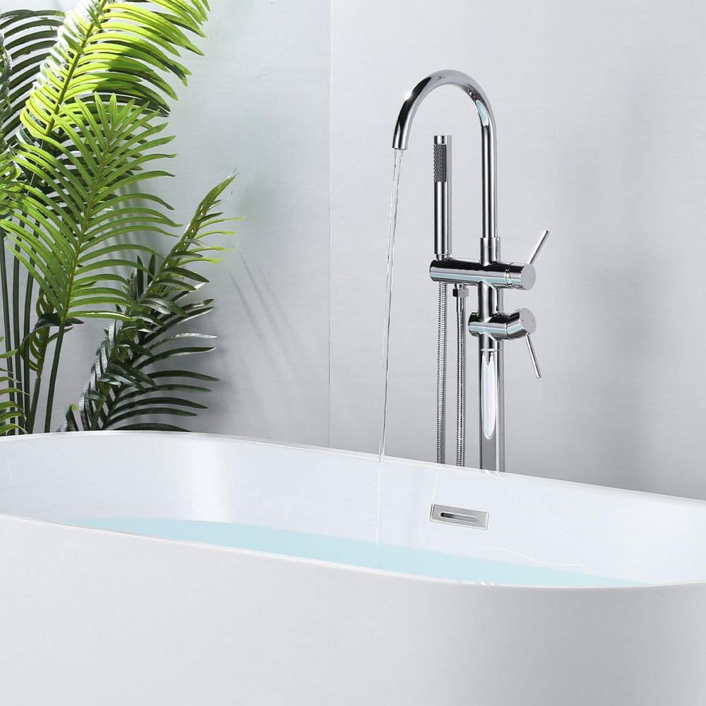 Chrome Double Handle Freestanding Tub Faucet with Handheld Shower