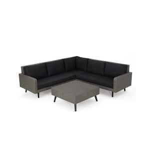 4 Pcs Patio Gray Wicker Outdoor Sectional Sofa Set with Black Cushions