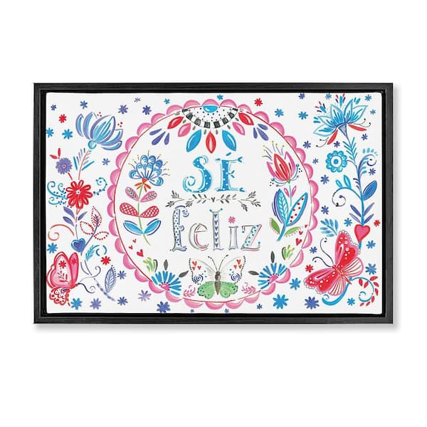 Stupell Industries Be Happy Floral Butterflies by SD Graphics Studio Black Floater Frame Typography Graphic Art Print 21 in. x 31 in.