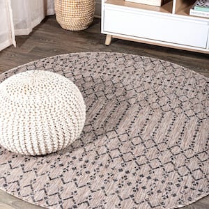 Ourika Moroccan Geometric Textured Weave Light Gray/Black 8 ft. Round Indoor/Outdoor Area Rug