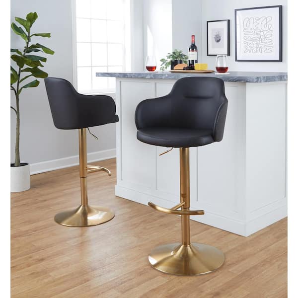 LumiSource Boyne 33 in. Black Faux Leather and Gold Metal Adjustable Bar Stool with Rounded T Footrest (Set of 2)