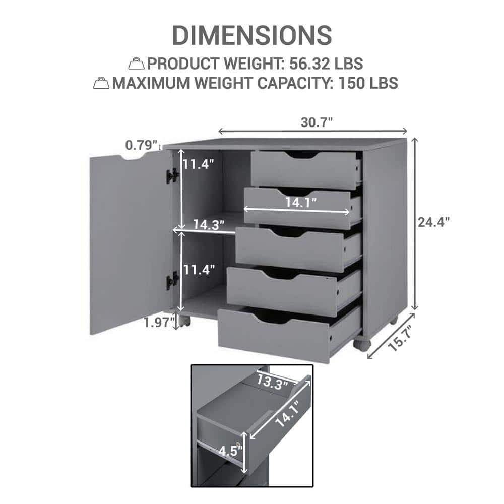 Gray Medium Wood 5-Drawer Mobile Lateral File Cabinet