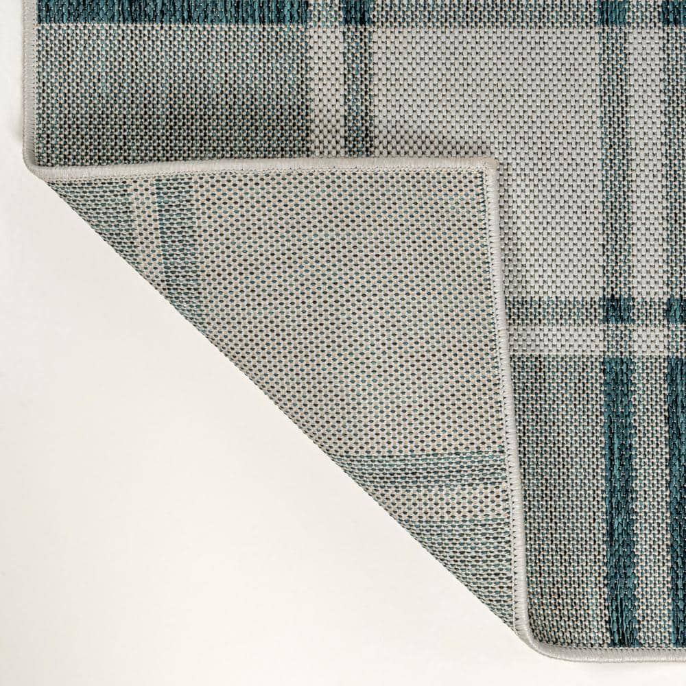 Turquoise and Cream Gingham 8' x 10' Synthetic Indoor/Outdoor Rug