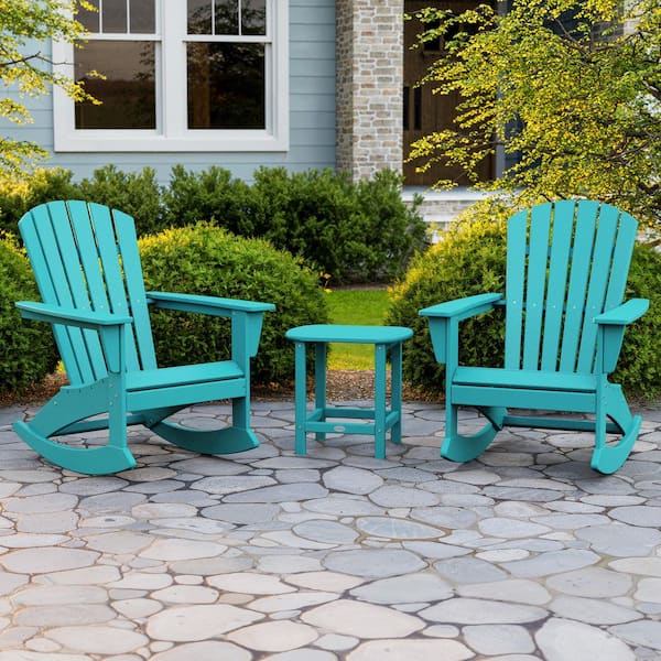 POLYWOOD Grant Park 3-Piece Aruba HDPE Plastic Adirondack Outdoor Rocking Chair Patio Conversation Set