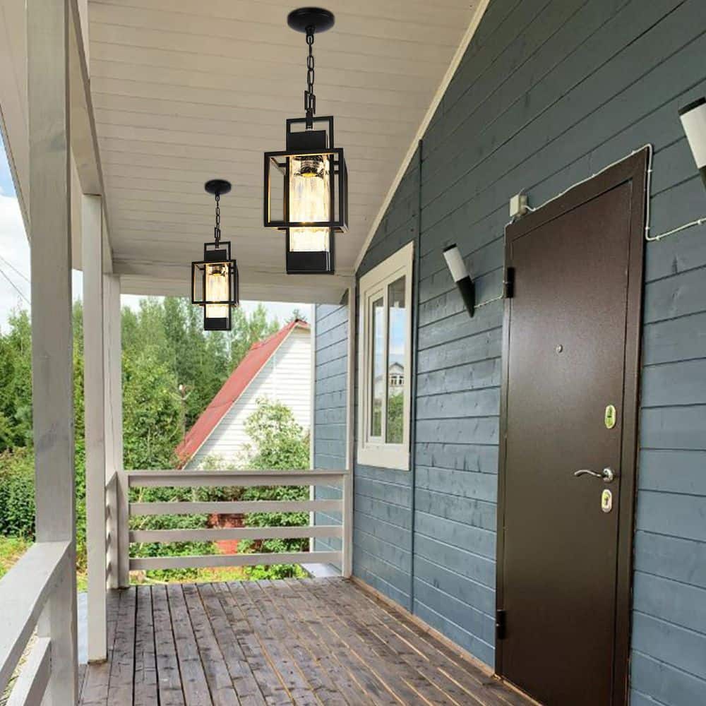 15 in. Dusk to Dawn Outdoor Pendant Light, Black Water Glass Exterior Hanging Lantern for Porch Entryway Foyer price history on PriceWatchPro