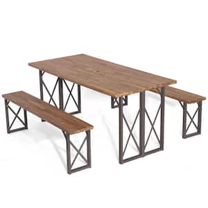 3-Piece Wood Picnic Table Bench Set Outdoor Dining Set Camping Table with Seat and 2" Umbrella Hole