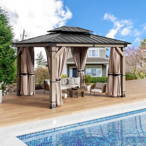 10 ft. x 12 ft. Fir Wood Gazebo with Galvanized Steel Hardtop Double Roof, Insect Screens and Privacy Curtains