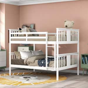 White Full Over Full Wood Bunk Bed Frame with Guard Rails and Ladder for Kids Teens, Can be Convertible to 2-Beds