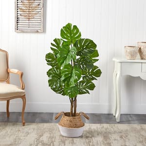 4 ft. Monstera Artificial Tree in Boho Chic Handmade Cotton and Jute White Woven Planter UV Resistant (Indoor/Outdoor)