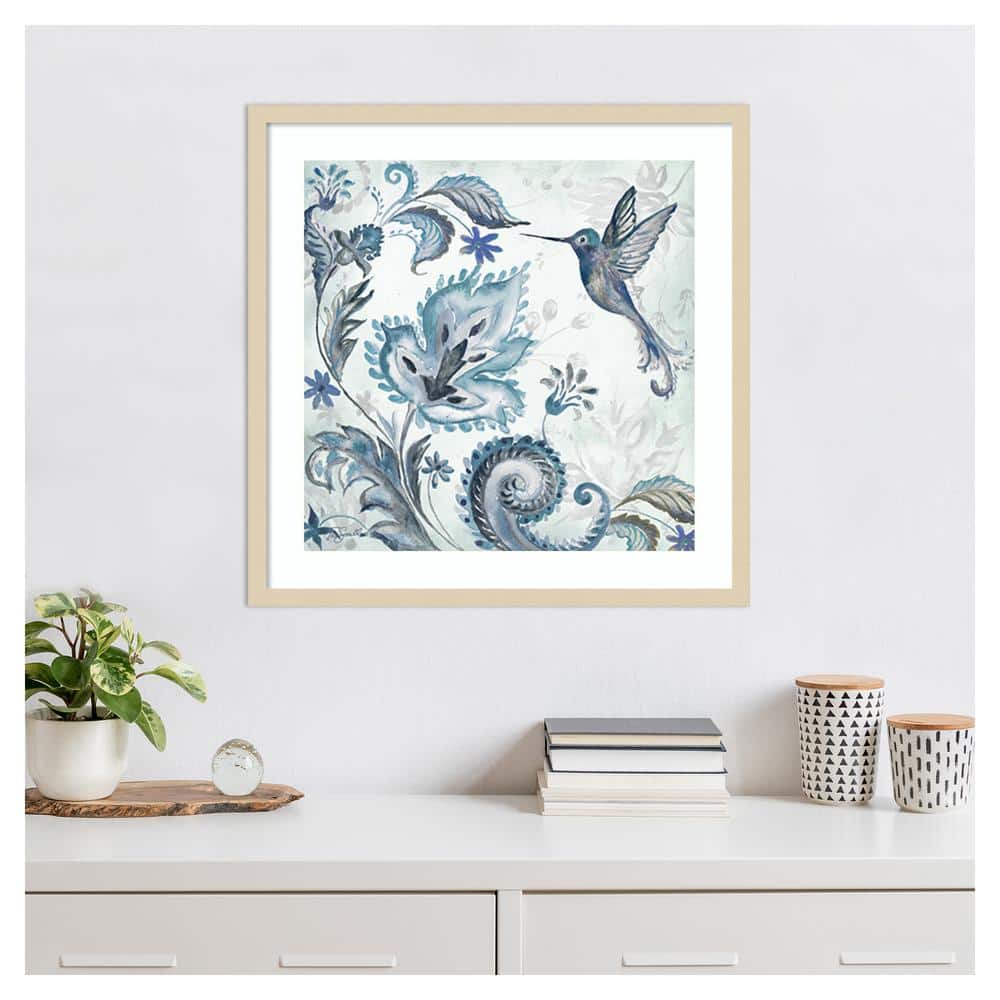 Watercolor Boho Blue Hummingbird Graphic Art in Natural Wood Frame