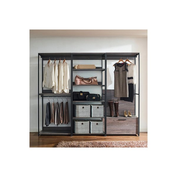Weathered Wood with Black Metal Frame 19.5 in. Wardrobe Walk in Closet System