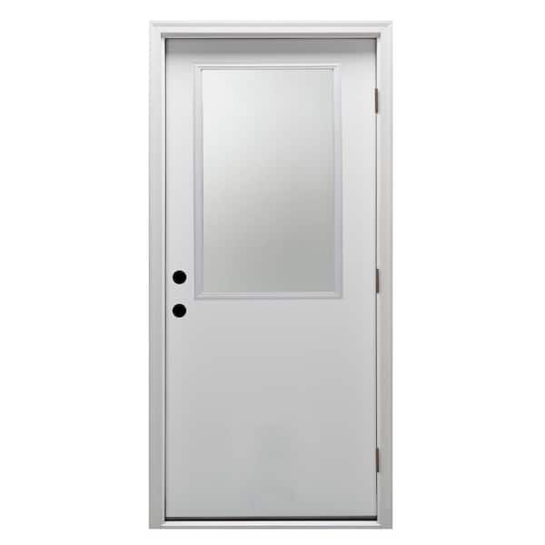 MMI DOOR 32 in. x 80 in. Classic Left-Hand Outswing 1/2 Lite Clear Primed Steel Prehung Front Door with Brickmould