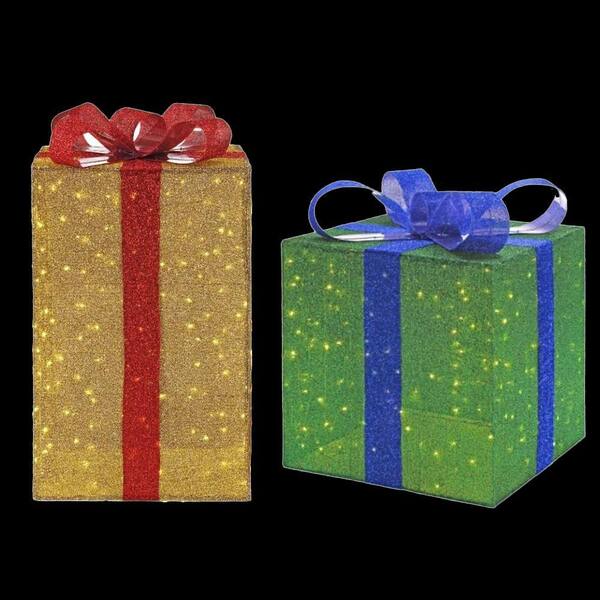 Home Accents Holiday 35 in. and 28 in. LED Lighted Tinsel Gift Box (Set of 2)