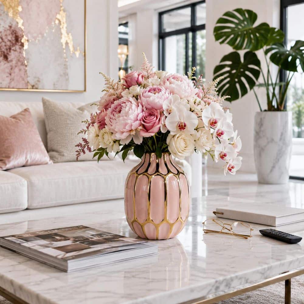 Liv & Skye 8 in. Pink/Gold Ceramic Bud Modern Decorative Vase