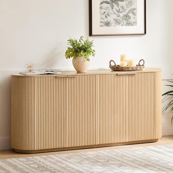 Julian Oak Wood Modern Sideboard with Rounded Edges,Adjustable Shelves, Elevated Base,Soft-Close Hinges,Metal Handles