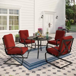 5-Piece Metal Round Outdoor Dining Set with C-Spring Chair with Red Cushions