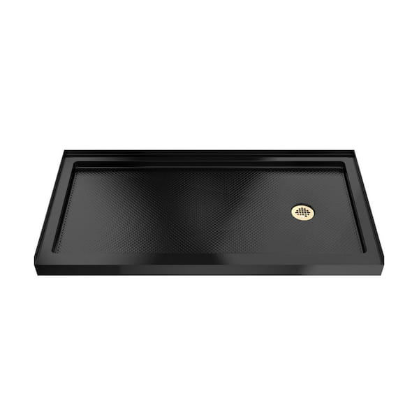 SlimLine 60 in. L x 36 in. W Alcove Rectangular Black Shower Pan Base with 2 in. Round Right Drain in Polished Brass