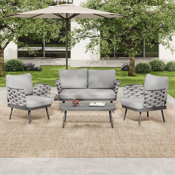 Gray 4-Piece Metal Patio Conversation Set with Gray Cushions, Patio Furniture Set for Garden, Backyard, Poolside