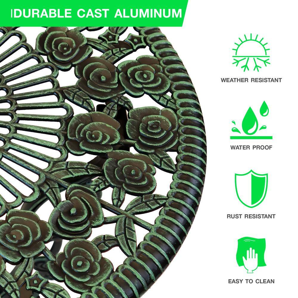 Verdigris Cast Iron and Aluminum Rose Pattern Bistro Set