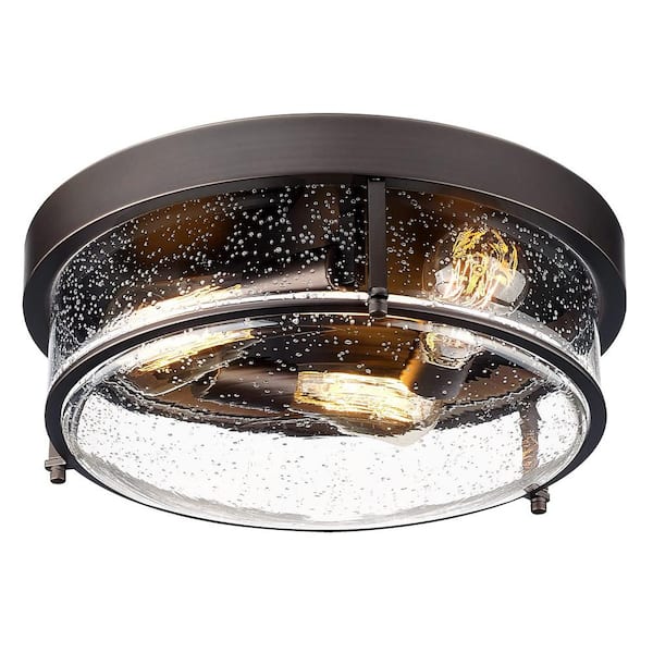JAZAVA 15 in. 2-Light Oil Rubbed Bronze Flush Mount with Seed Glass Shade and No Bulbs Included