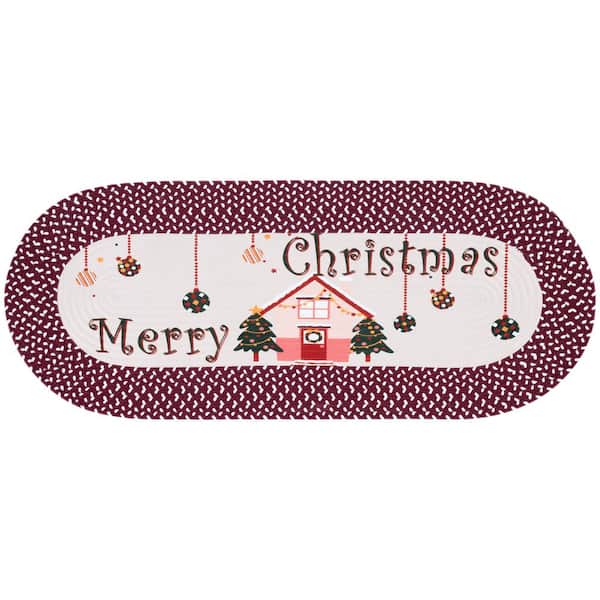Braided Posters Ivory/Burgundy Red 2 ft. x 3 ft. Machine Washable Merry Christmas Home Oval Area Rug