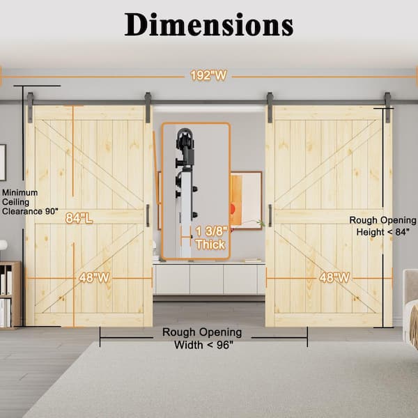 96 in. x 84 in. Paneled K-Shape Soft Close Solid Pine Wood Unfished Barn Door Slab with Installation Hardware Kit