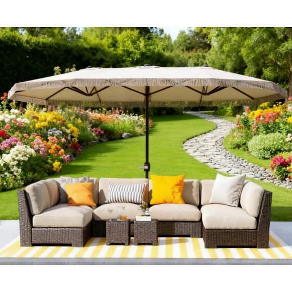 decorative patio umbrella IALTRUISTIC 15 ft. Double Sided Outdoor Umbrella Rectangular Large Patio  Umbrella with Decorative Fringes and 12 Steel Rib in White GP427123