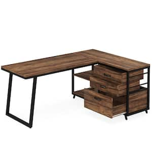 Lanita 53.1 in. Reversible L Shaped Desk Brown Engineered Wood 3-Drawer Computer Desk with Storage Shelves