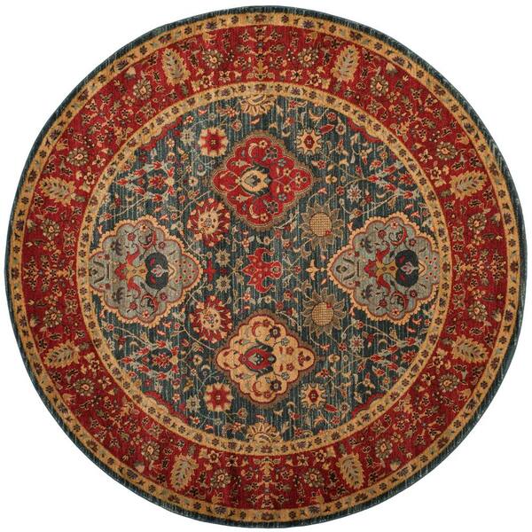 Mahal 3 ft. x 3 ft. Round Navy/Red Floral Border Area Rug