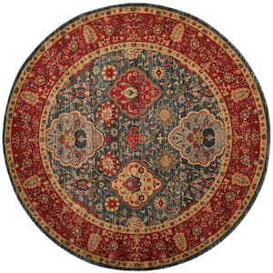 Mahal Navy/Red 7 ft. x 7 ft. Round Border Floral Area Rug